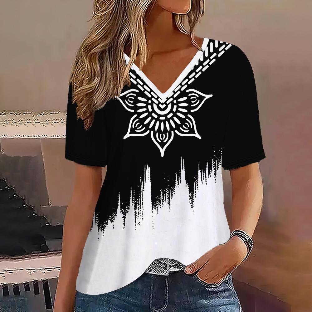 Fashion Women T-Shirt Stripes Print Gradient V-Neck Short Sleeve Basic Tops Streetwear Summer Oversized Clothing Female T-Shirts