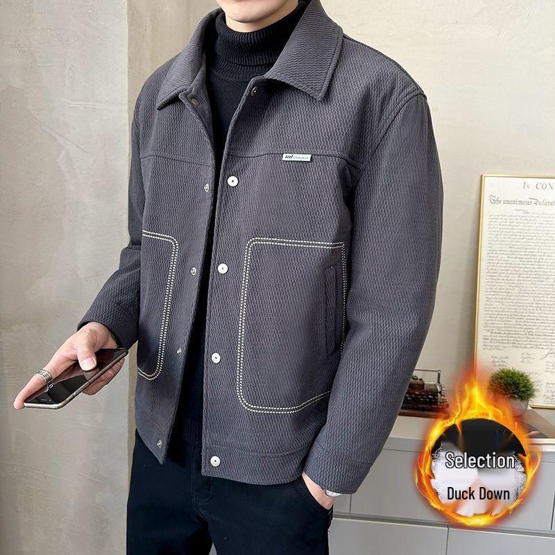 

Men s Trendy Winter Down Jacket with Turn-Down Collar - High-End, Thick, Versatile, and Stylish Coat. M серый