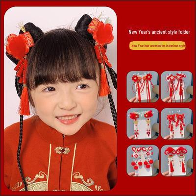 Antiker Stil Hanfu Neujahrs-Haarschmuck für Mädchen: 3D Cartoon-Puppe mit Schleife und Quaste Haarnadel