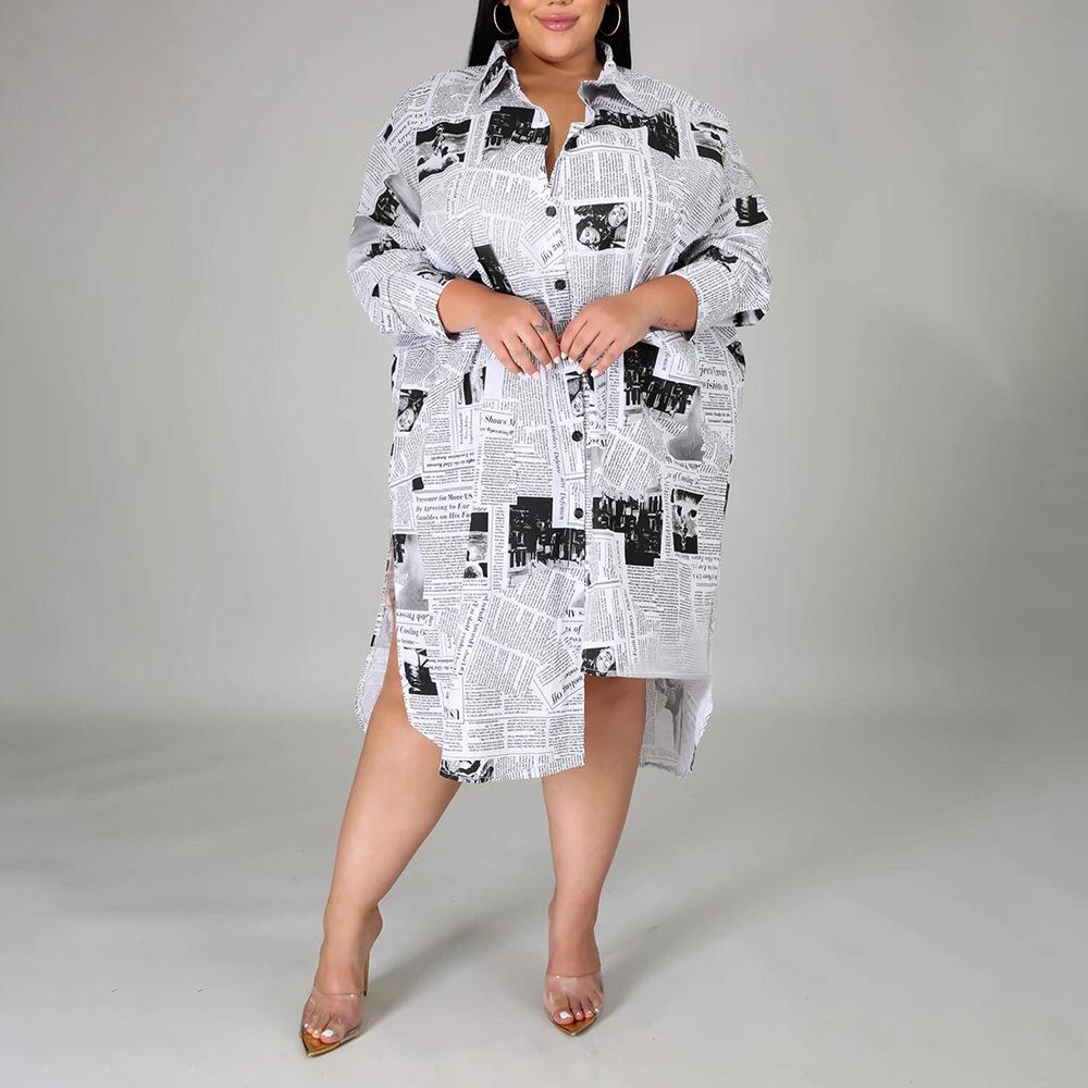 

Европейский и американский английский принт Свободное платье-рубашка - Женское повседневное платье с длинным рукавом на весну Extra XXXL белый