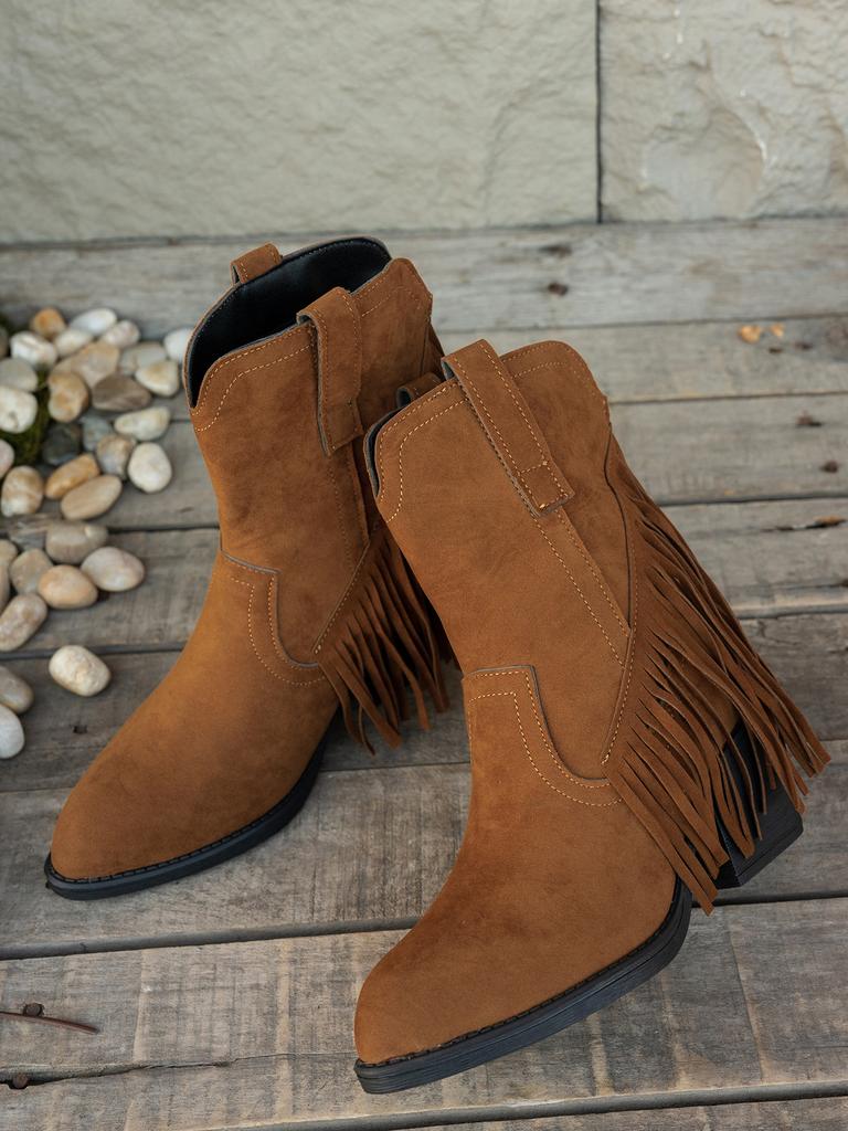 Tassel boots round head thick heel short boots 2025 autumn new high heels rear zipper cow flip
