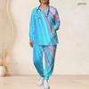 Women Plus Size Star Print Nurse Scrub Set V Neck Long Sleeve Pockets Red Blue White Two Piece