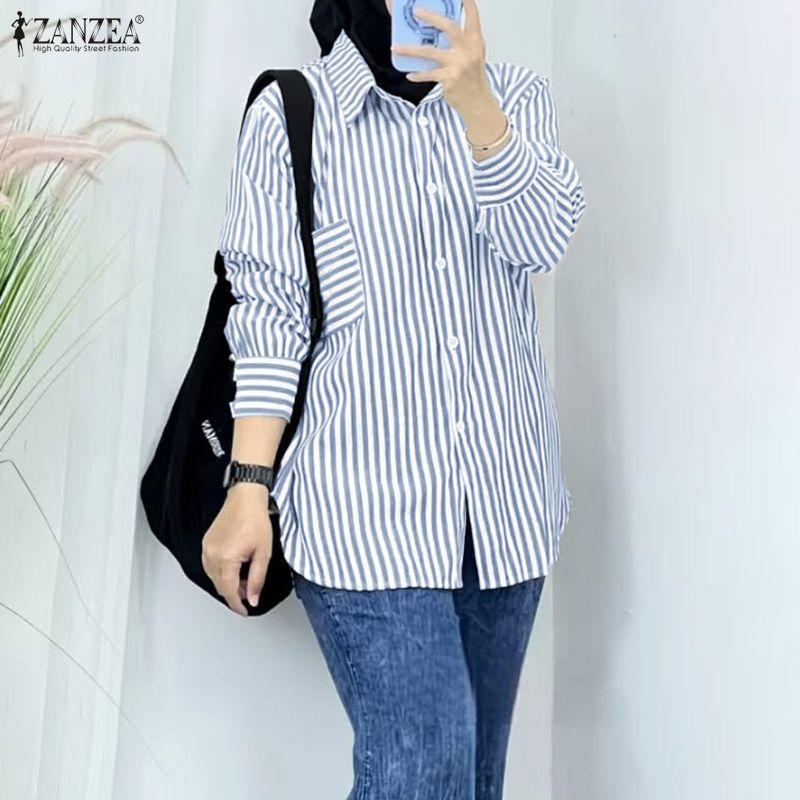 ZANZEA Women Casual Turn Down Collar Long Sleeve Stripe Blouse
