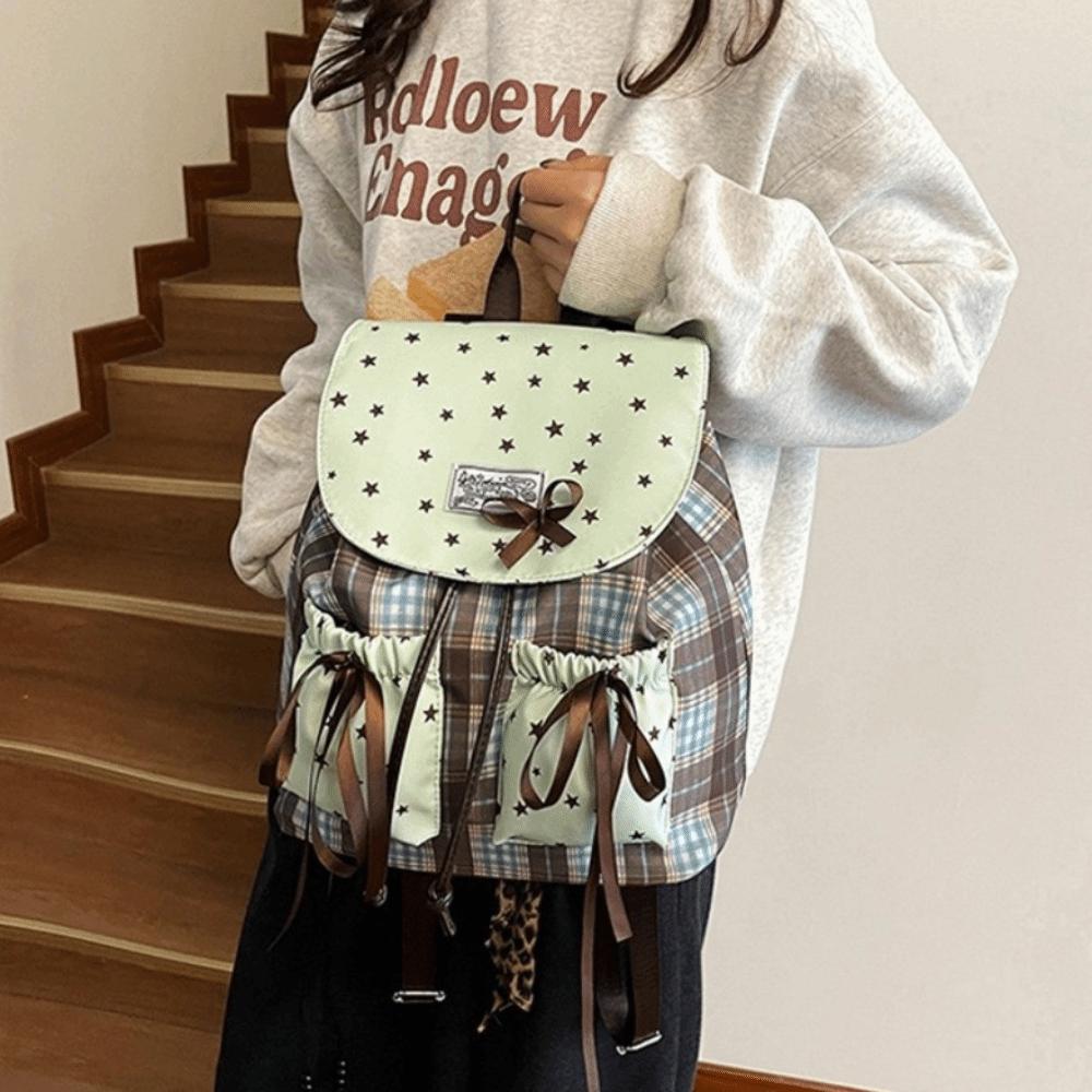 Süße Schleife Doppel-Schultertasche Karomuster Sternendruck Schüler-Schultaschen Gittermuster Vintage Minzgrün Kleiner Rucksack Damen
