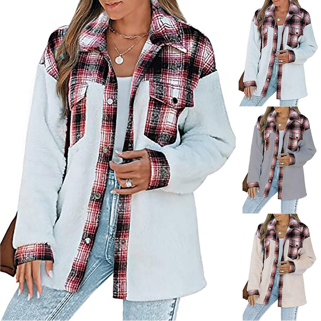 Women's Casual Fashion Lapel Single Breasted Contrast Plaid Plush Coat