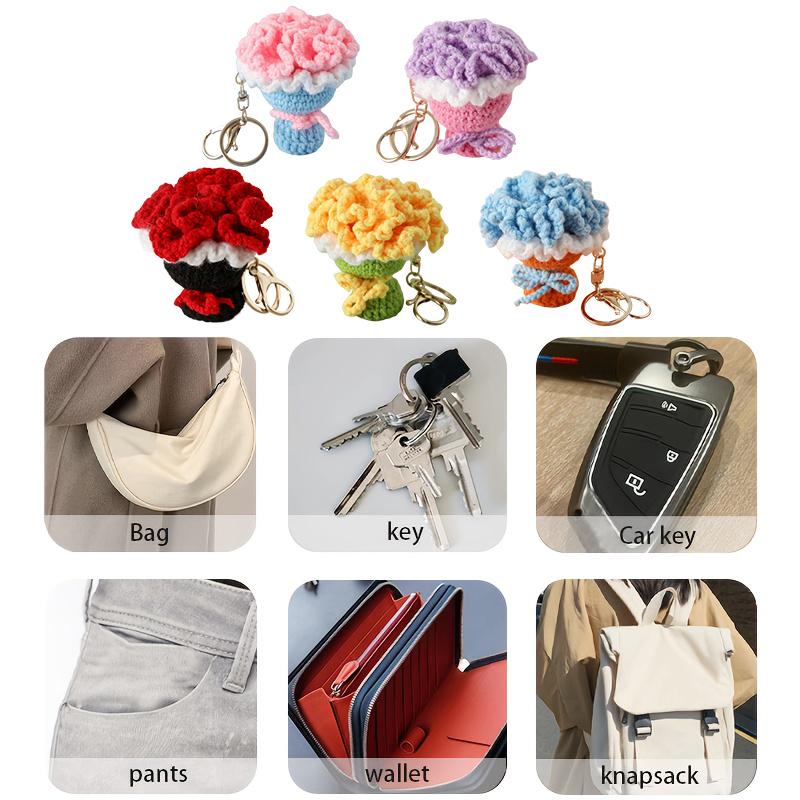 Crocheted Carnation Bag Pendant Ornament Key Rings Holders Unique Handheld Flower Design Creative Gift Decorative 5 Colors