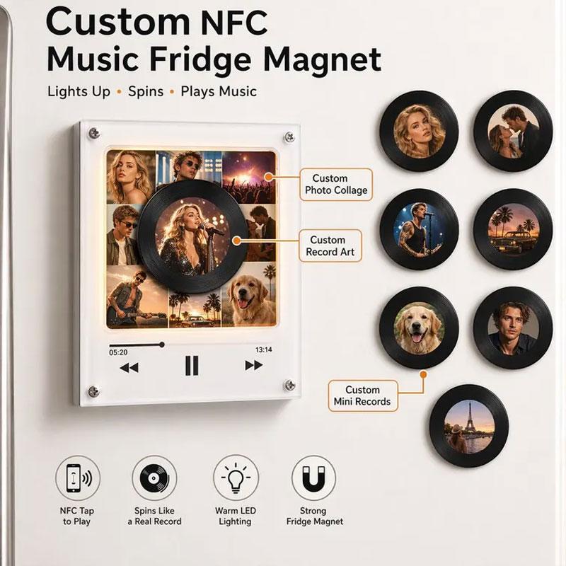 Custom Music Fridge Magnet, Personalized NFC Record Player Magnet Photo Collage Music Box Voice Note Gift