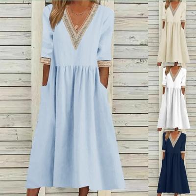 Loose Cotton and Linen Lace Collar 5/4 Sleeve Medium Length Dress