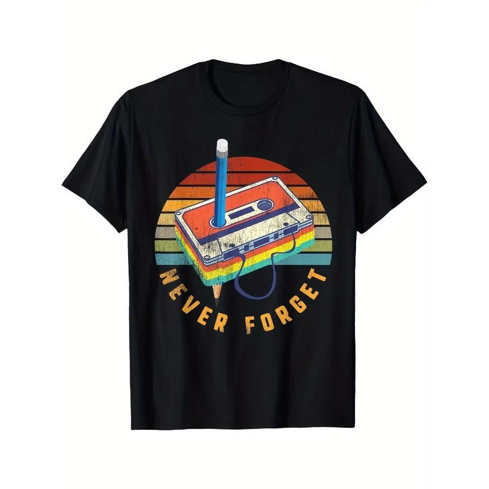 Men Womens Retro Cassette Tape Pattern Tshirt Never Forget Printed Crew Neck Shortsleeved Tshirt Soft and Breathable Top