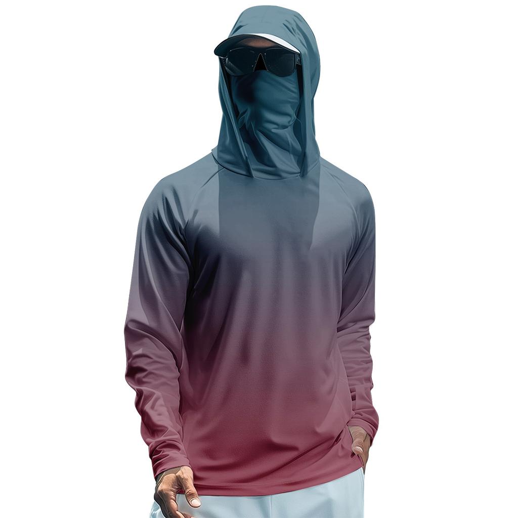 Men's Summer Gradient Color Quick-drying Long-sleeved T-shirt Sun Clothing Fishing Fitness Sports Hooded Long-sleeved Top