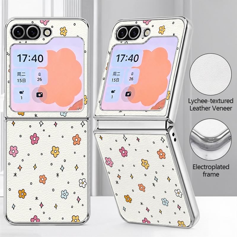 Oil Painting Flower Pattern Case For Samsung Galaxy Z FlIP 7 FE 6 5 Plating PC+PU Leather Hybrid Folding Cover For Samsung Z Flip7 Flip6 Flip5