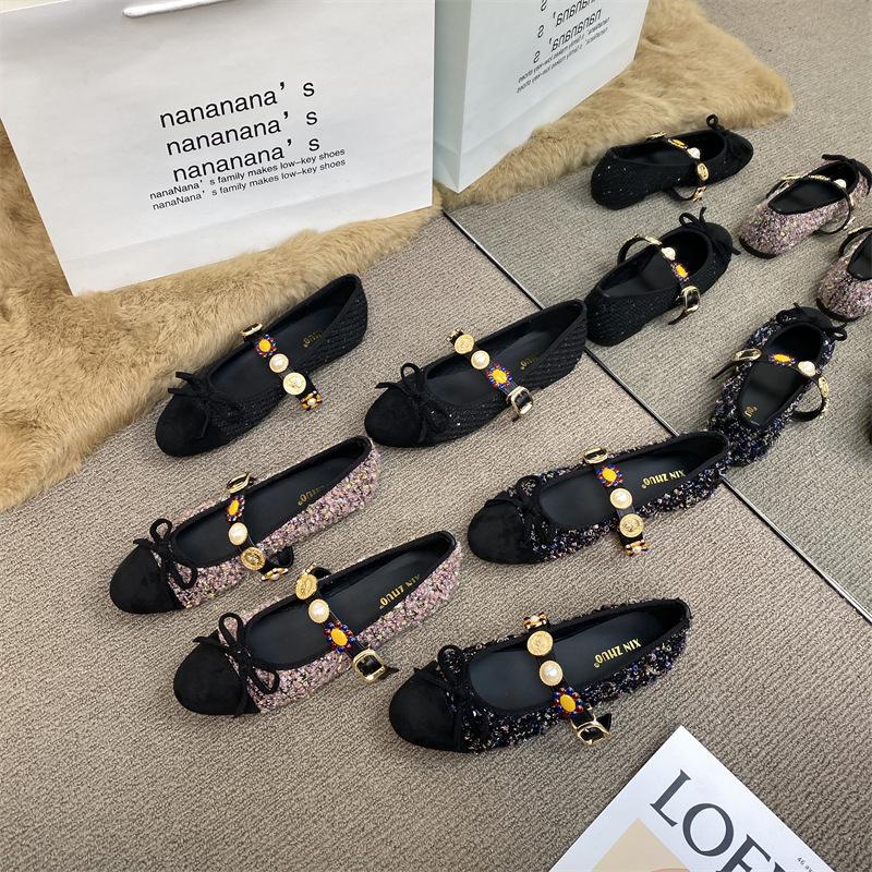 XINZHOU Tweed Color Matching Flat-bottomed Bow Single Shoes Women's 2025 One-word Buckle Pearl Light Mouth Mary Jane Shoes