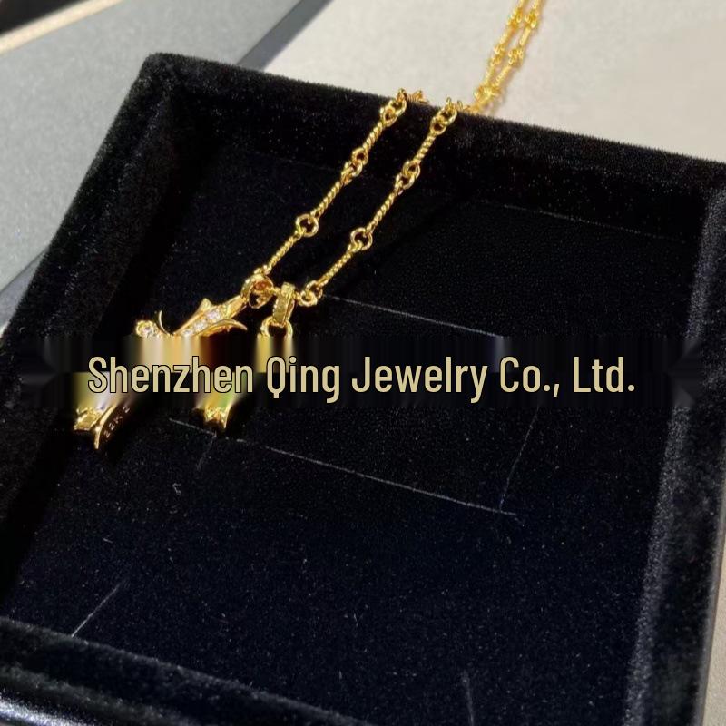 V Gold High Edition Double Cross Necklace with 18K Gold Plating & Multi-Color Diamond Pendant