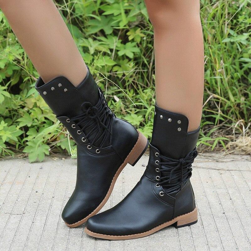 2020 Moda Invierno Mujer Tubo medio Botas Mujer Cuero Cuadrado Tacón  Remaches Cordones Botas Zapatos Knight botas mujer Plus 35 43 comprar a  buen precio — entrega gratuita, reseñas reales con fotos — Joom