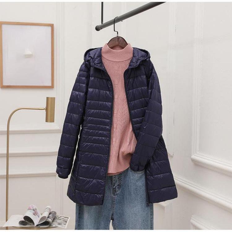 Women Light Down Jacket Hip-Length High Street Overcoat Female Long Warm Down Coat with Portable Storage Bag