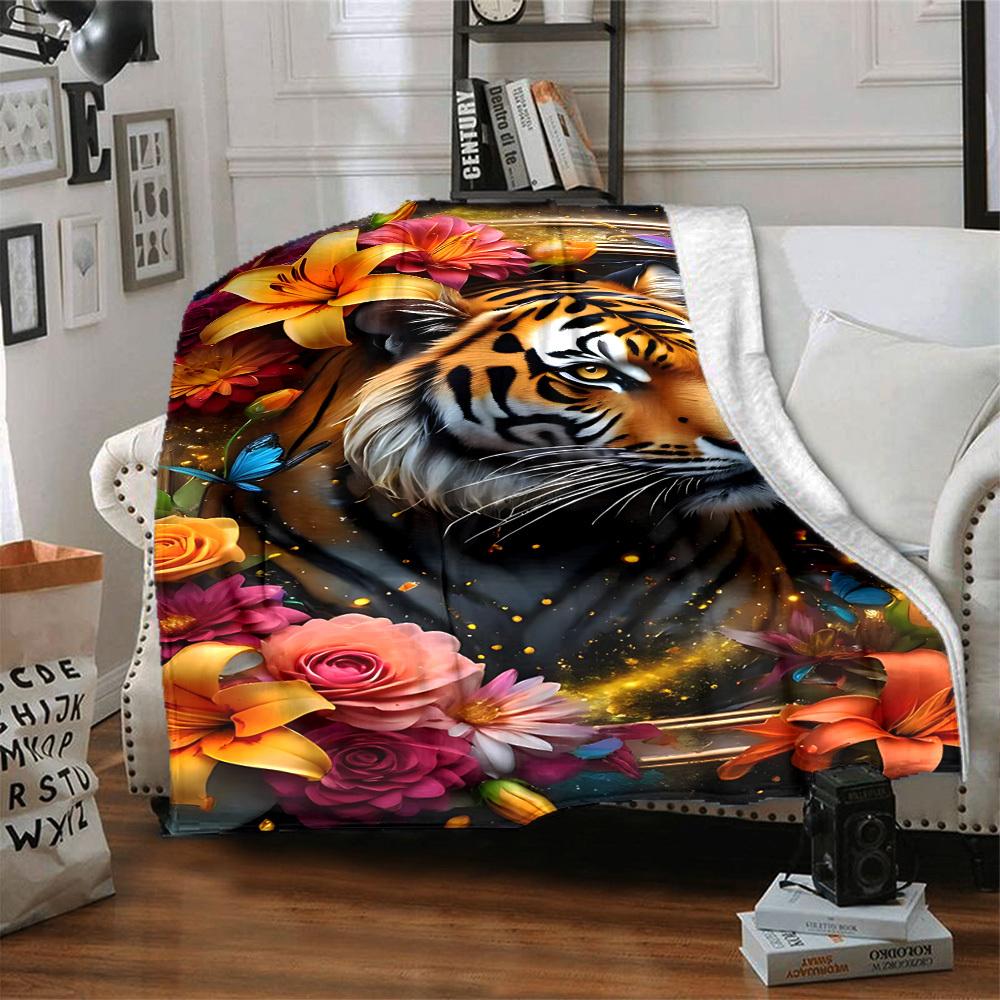 1pc Tiger Portrait Blanket Lightweight Flannel Blanket Throw Blanket For Sofa, Bed, Travel, Camping, Livingroom, Couch, Chair, And Bed yy2509026219