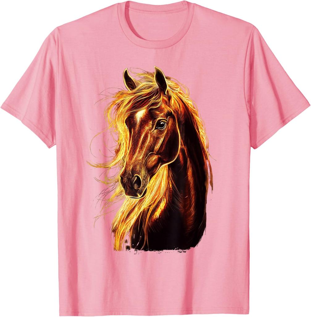 Feuriges Pferdekopf Grafik-T-Shirt Atmungsaktives Baumwoll-Kurzarm-T-Shirt für Reitsport-Liebhaber