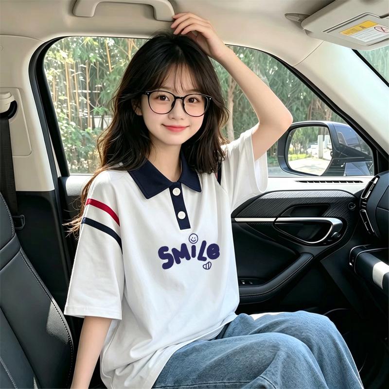 Girls' Stylish Patchwork Short-Sleeve Polo T-shirt - Summer Korean Style, Loose Fit, Cotton, Color Block Design, Medium to Large Sizes.