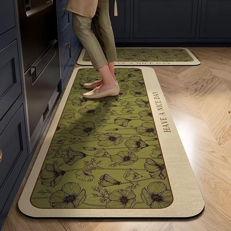 Kitchen Floor Mat Non-Slip Waterproof Oil-Proof Carpet Pvc Leather Black White Minimalist Texture Rug Long Ruler Home Decor Mats