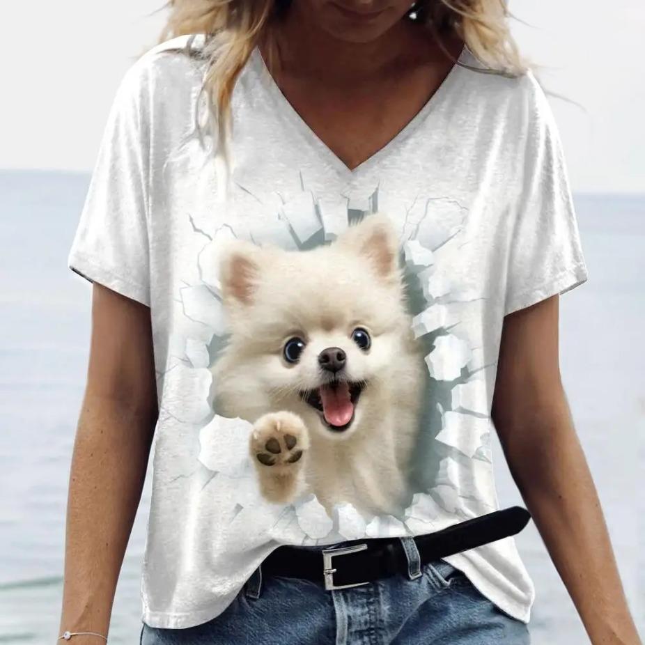 Summer V-neck 3D Animal Cat Dog Printed Top Fashionable Casual Short Sleeved Women's T-shirts