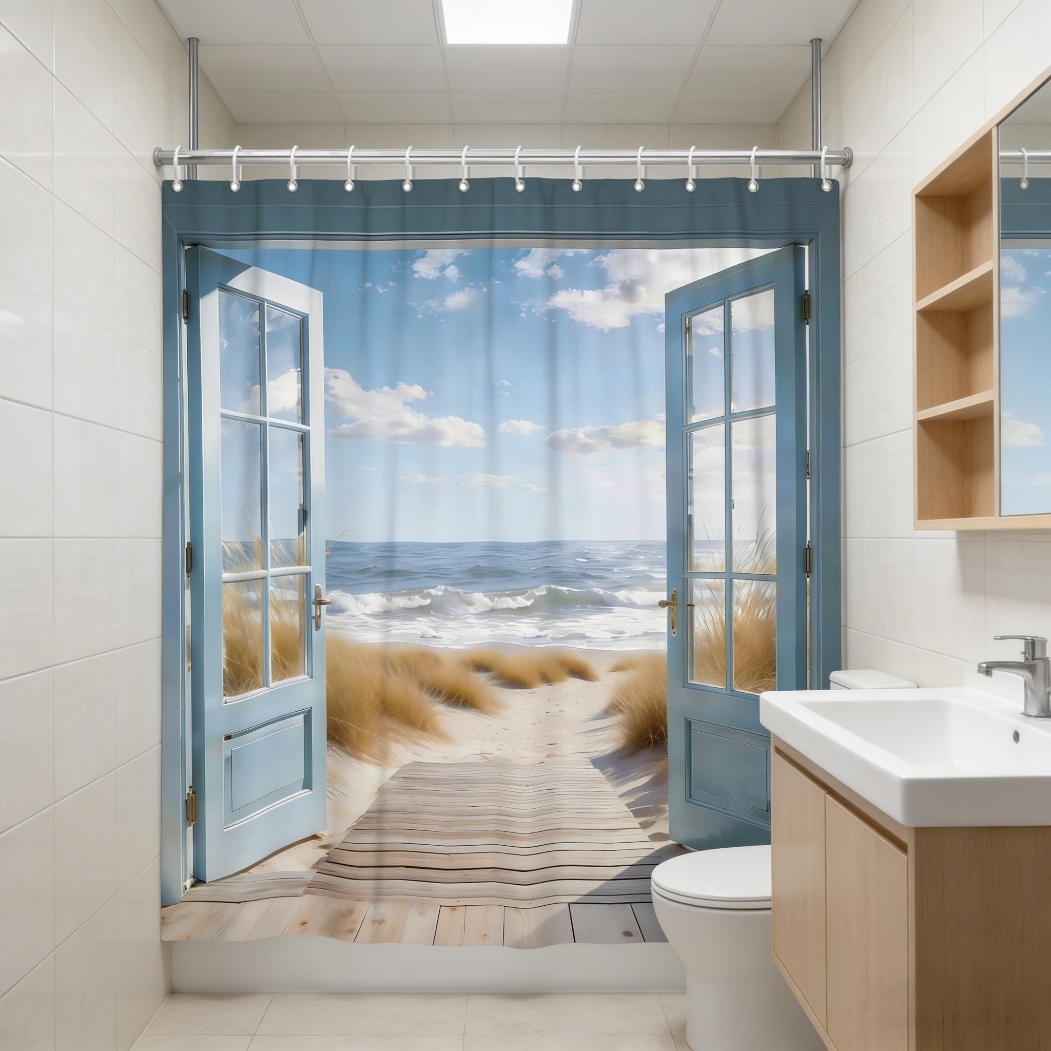 Jessica Chen Beach Coastal Scene Shower Curtain Ocean Sky Sand Dunes Waterproof Fabric Shower Curtains Bathroom Set With Hooks Bathroom Decor