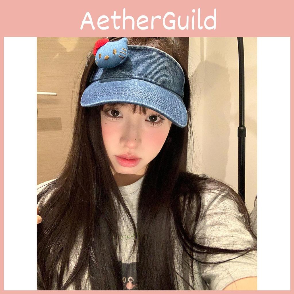 Stylish Sun Adjustable Hat With Cute Cartoon Cat Print Breathable Denim Cap