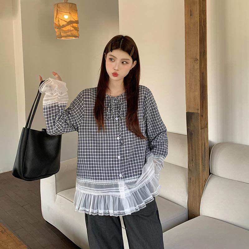 Plus Size Women s Long Sleeve Plaid Patchwork Lace Slimming Shirt 3XL