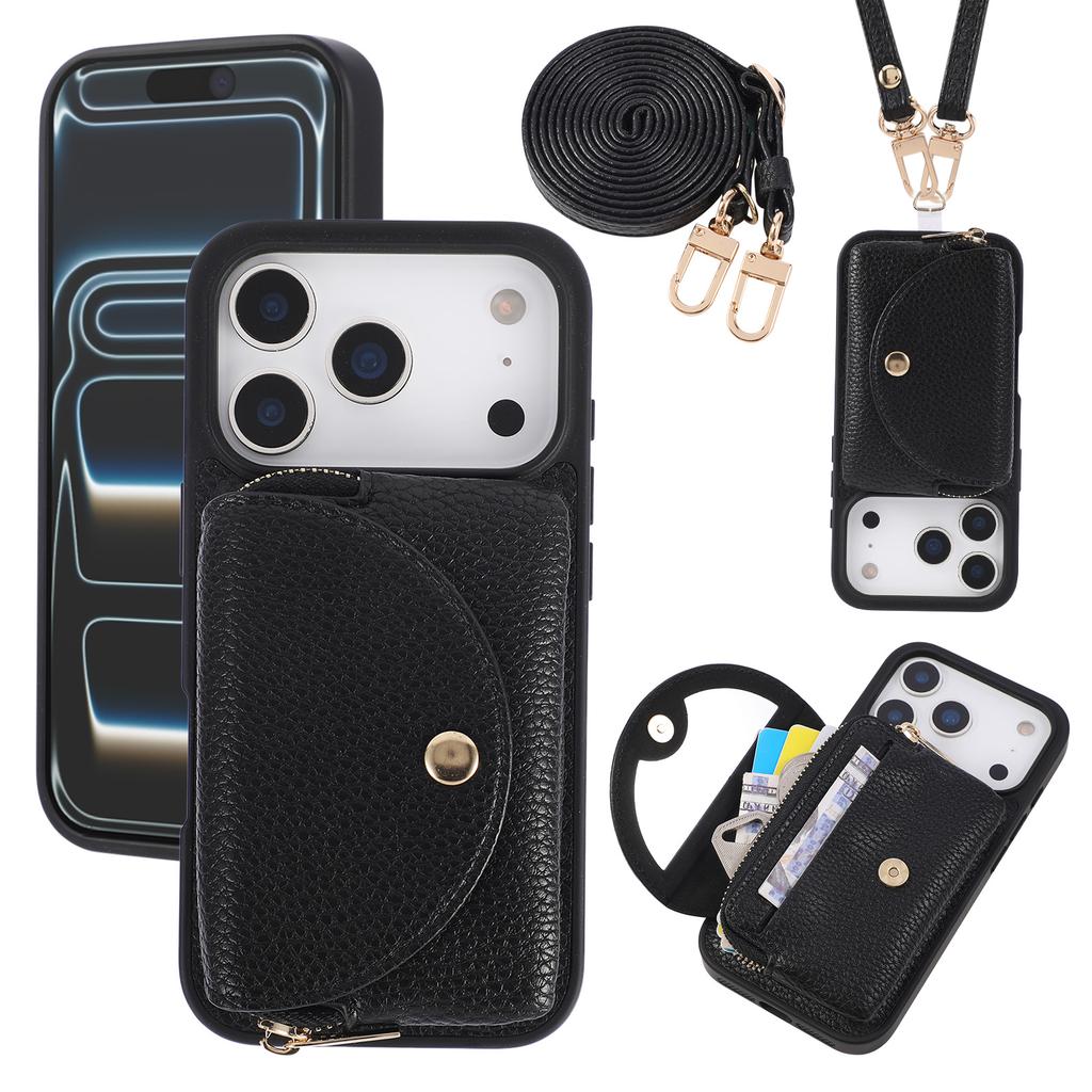 Crossbody Long Lanyard Leather Cards Solt Wallet Case For iPhone 17 Pro Max 16 Plus 15 14 13 Built in Makeup Mirror Bag Cover