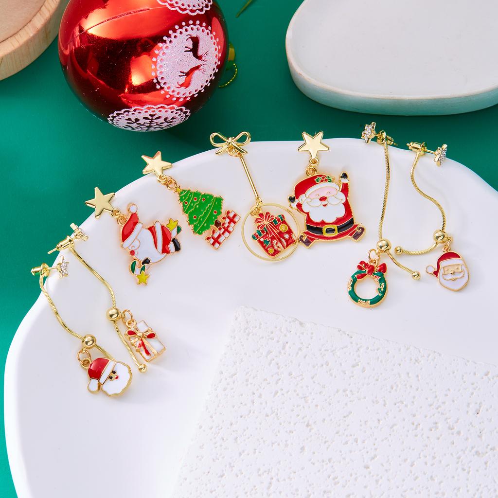 Moving Santa Claus Asymmetric Long Tassel Drop Earrings For Women Christmas Tree Snowflake Star Zircon Earring New Year Jewelry