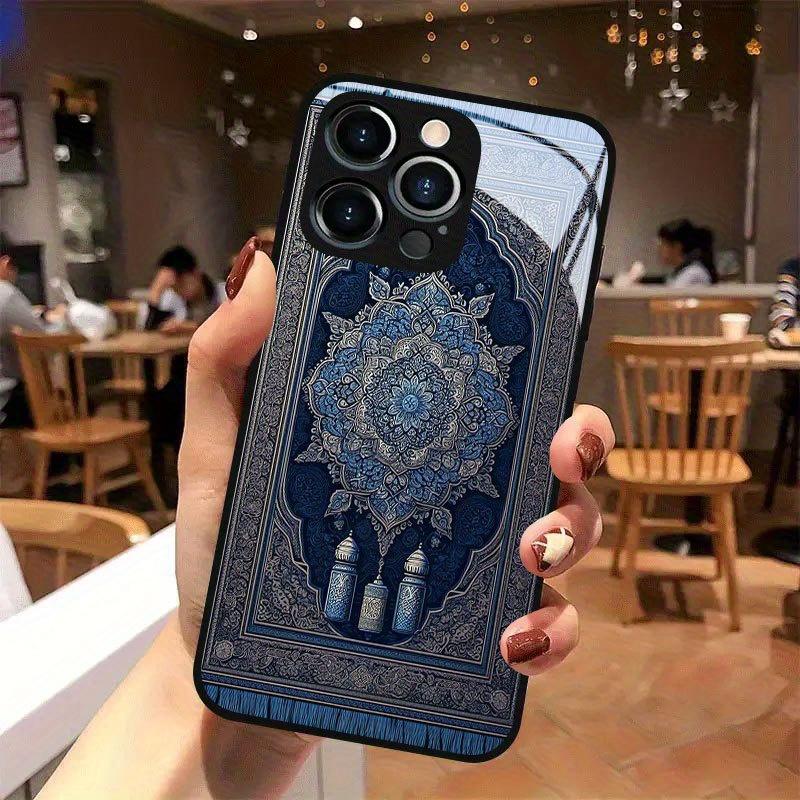 Blue carpet patterned glass phone case suitable for iPhone 17 16 15 14 13 12 11 Pro/Max/Plus shockproof back cover