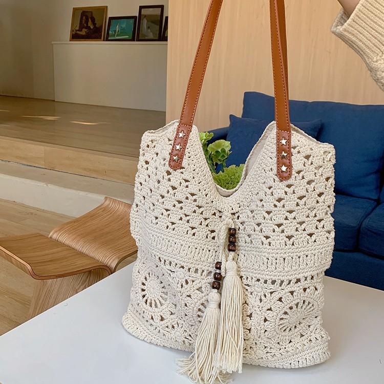 Large Capacity Single Shoulder Cotton Thread Woven Bag, Women's Hollow Mesh Tote Bag, Beach Vacation Beach Bag