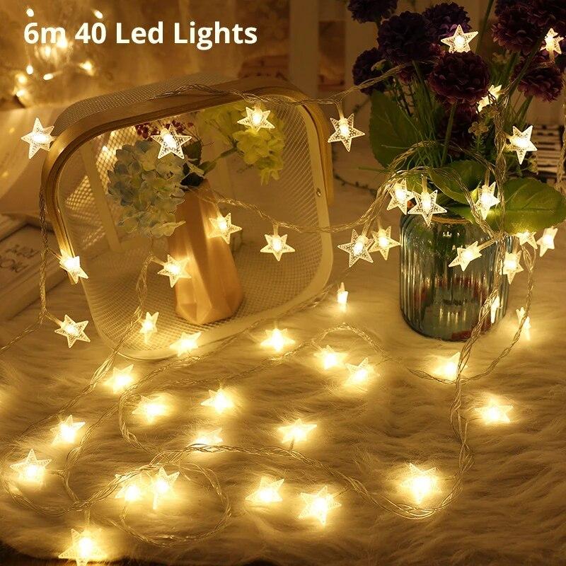 6M 40Led Lights Outdoor Star Light Strings Decoration String Christmas Tree Home Window Decor Holiday Lighting