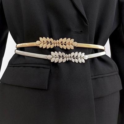 Stretch Elastic Curtain Buckle Straps Metal Leaf Chain Belt Dress Belt  for Women Dress