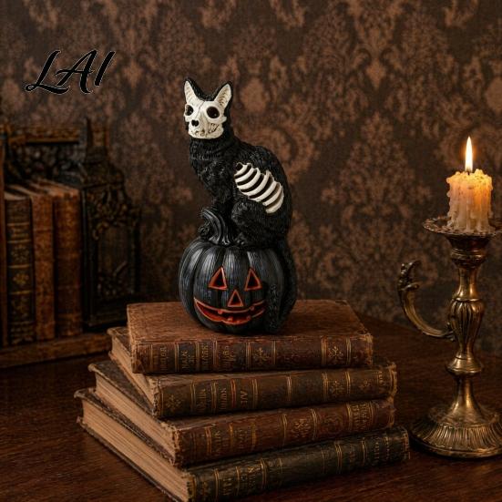 Hair Bone Pumpkin Sculpture Halloween Skull Black Cat Figurine Gothic Statue with Hollow Ribs Tabletop Figurine Spooky Decoration for Desktop
