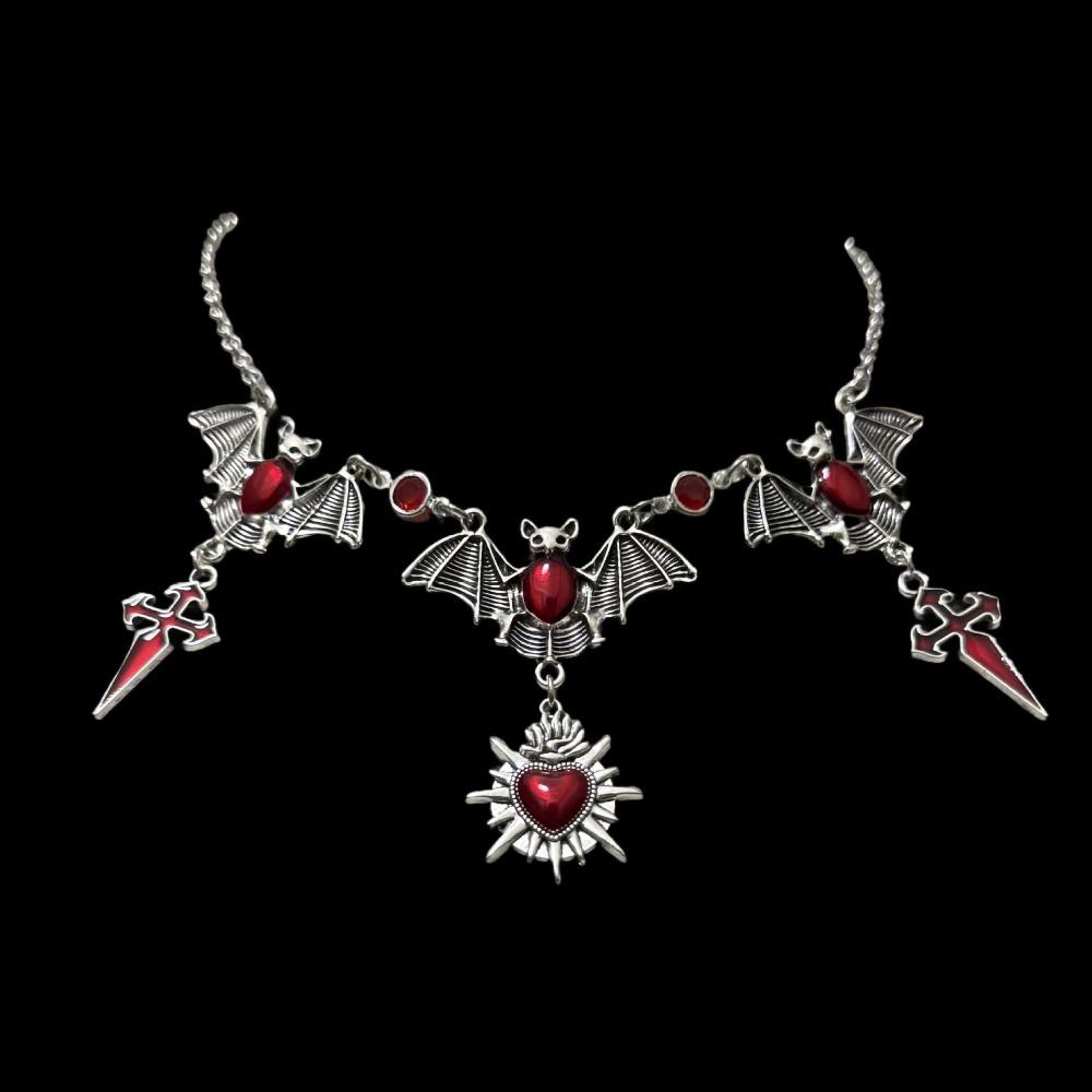 Retro Exaggerated Vampire Bat Cross Tassel Red Glazed Sacred Heart Pendant Necklace for Women Goth Halloween Party Charm Jewelry