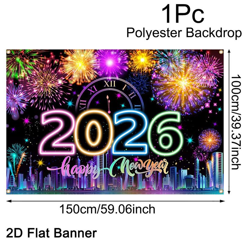 2026 Happy New Year Backdrop Banner Fireworks Champagne New Year Celebrations Christmas Party Photo Background Decoration Banner
