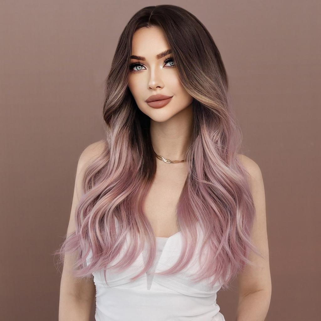 Women's Simulation Wig 60cm Hair Pink and Purple Wig Long Curly Wig Full Headgear Rose Hair Net Headdress Beauty Decoration Wig