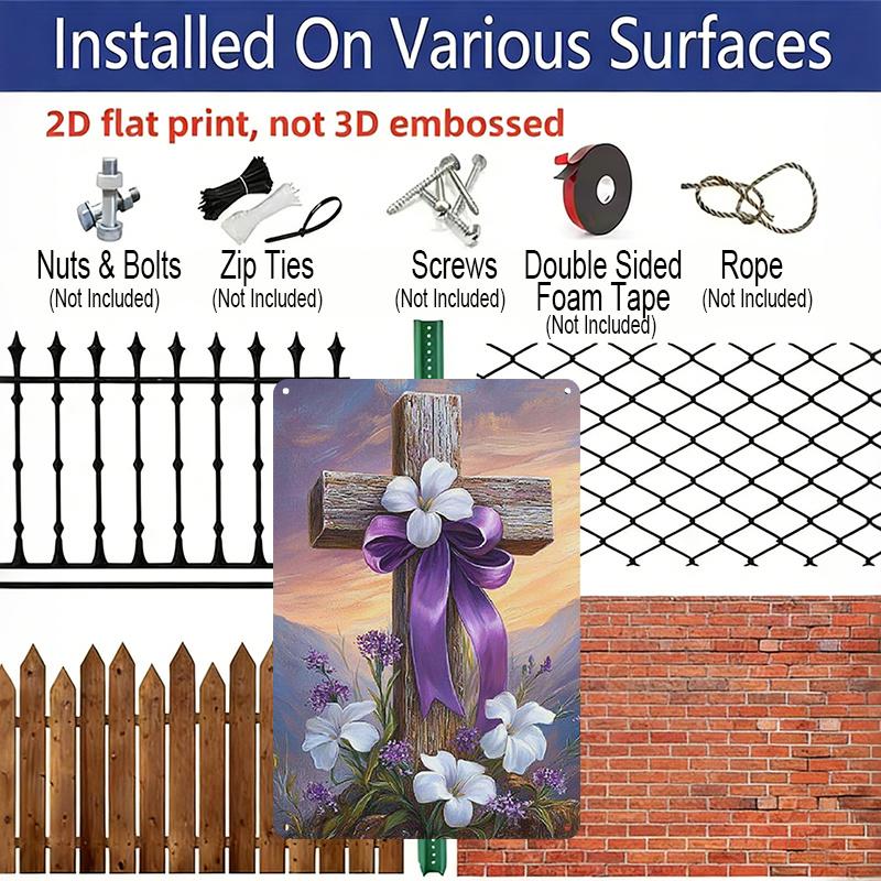 2D Flat, 1pc Beautiful Cross with Lilies Aluminum Sign 7.87*11.8 Inchs Decorative Sign &, Plaque for Spring All Seasons, Festival Decorations for