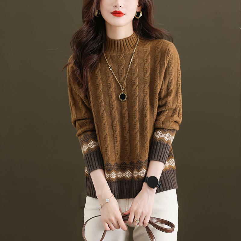 

Короткая ретро модная базовая рубашка осень-зима новый внутренний вязаный топ полуводолазка свитер с косами женский 3XL [70kg - 75kg] верблюд