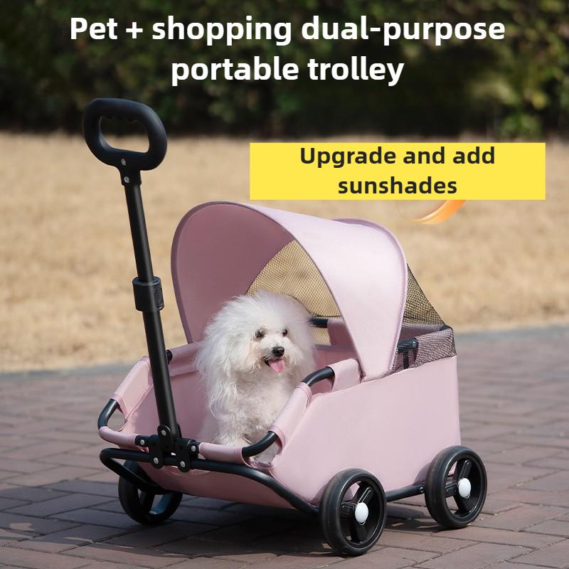 Outdoor Dog Cat Walking Cart Wheels Lightweight Foldable Camping Teddy Stroller Small Cute Sunshade Dog Stroller Pet Supplies