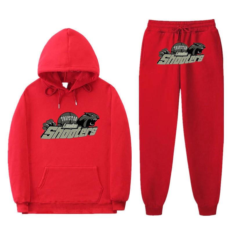 Conjunto Casual de Moletom Esportivo para Homens e Mulheres Estilo Trapstar Estampa de Tigre Preto Vermelho Moletom Calça Jogger
