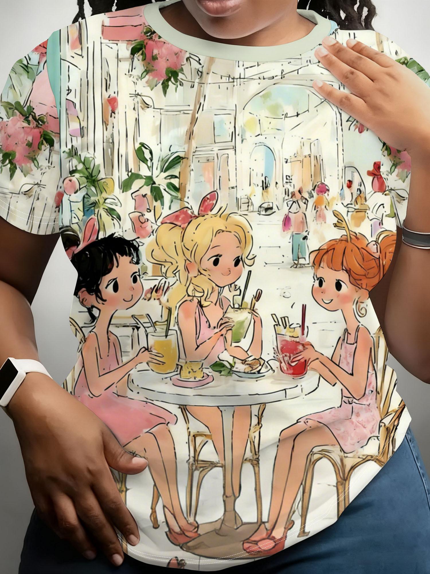 

A Women s Round-neck Sweet Print Short-sleeve T-shirt Featuring a Scene from a Small-town Cafe. Made of Soft and Comfortable Fabric That Is Machine Wa S дубильная кора