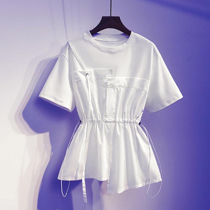 Female Summer Short-Sleeve T-Shirt Design Korean Style Patchwork Waist-Defining Top