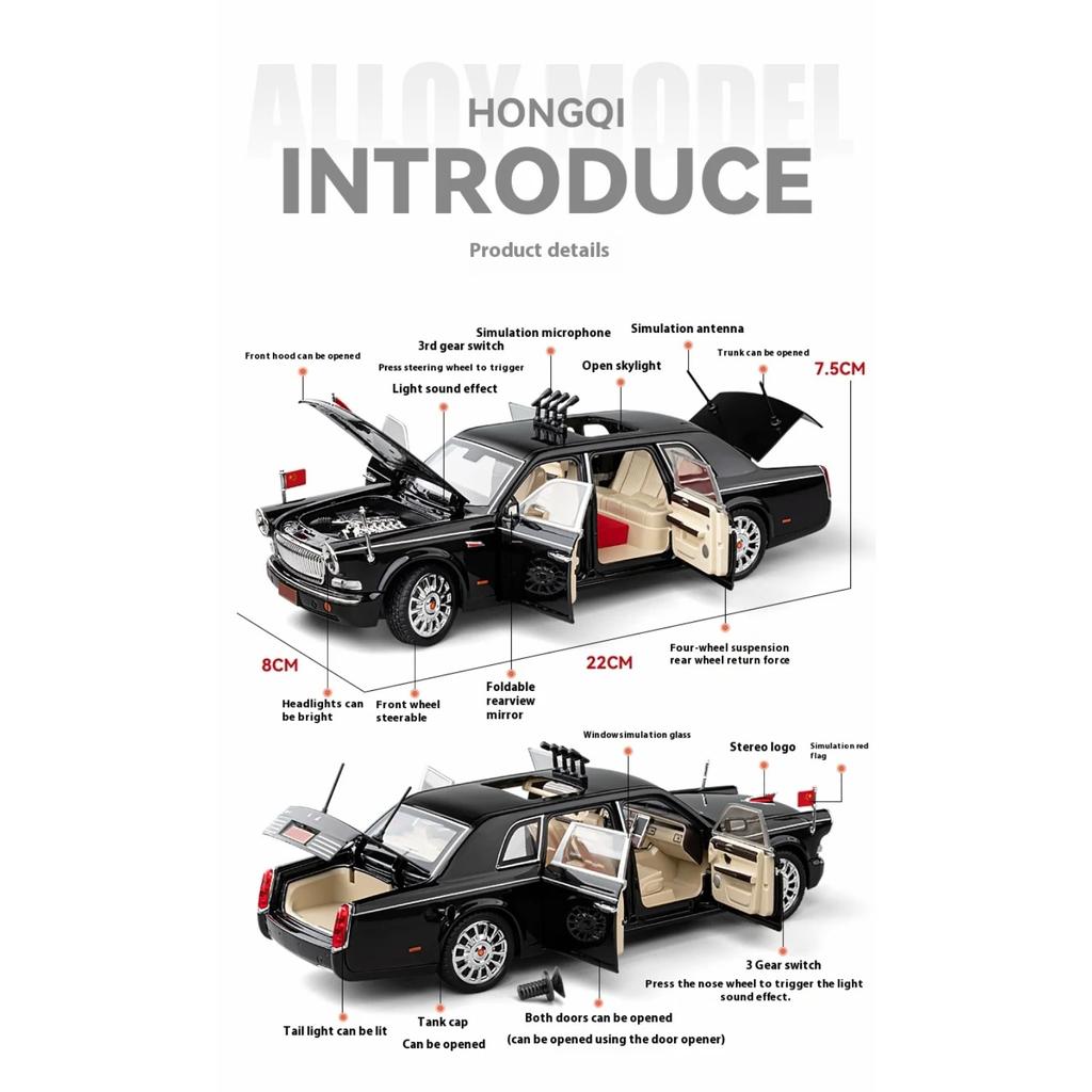 1/24 HONGQI L5 Stopowa Limuzyna Luksusowy Samochód Odlewany Model Samochód Paradny na 70. Rocznicę Kolekcja Wystawa Ornament Prezent dla Chłopców Zabawka dla Dzieci