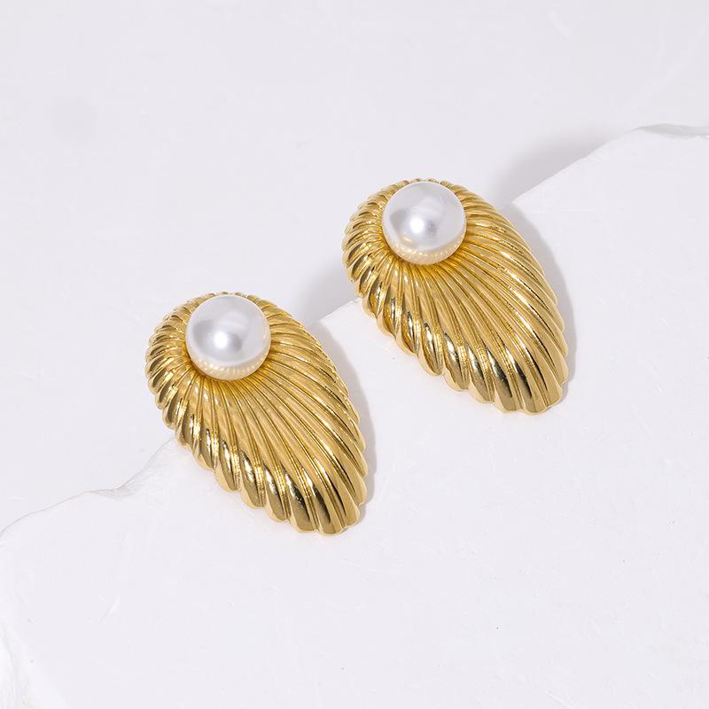 Polished Stainless Steel Pearl Stud Earrings for Women - Irregular Geometric Flower Design