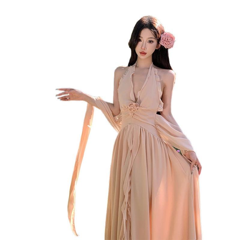 Sexy Backless Neck Dress Women's Summer Vacation Gentle Long Dress French Split Waist Skirt