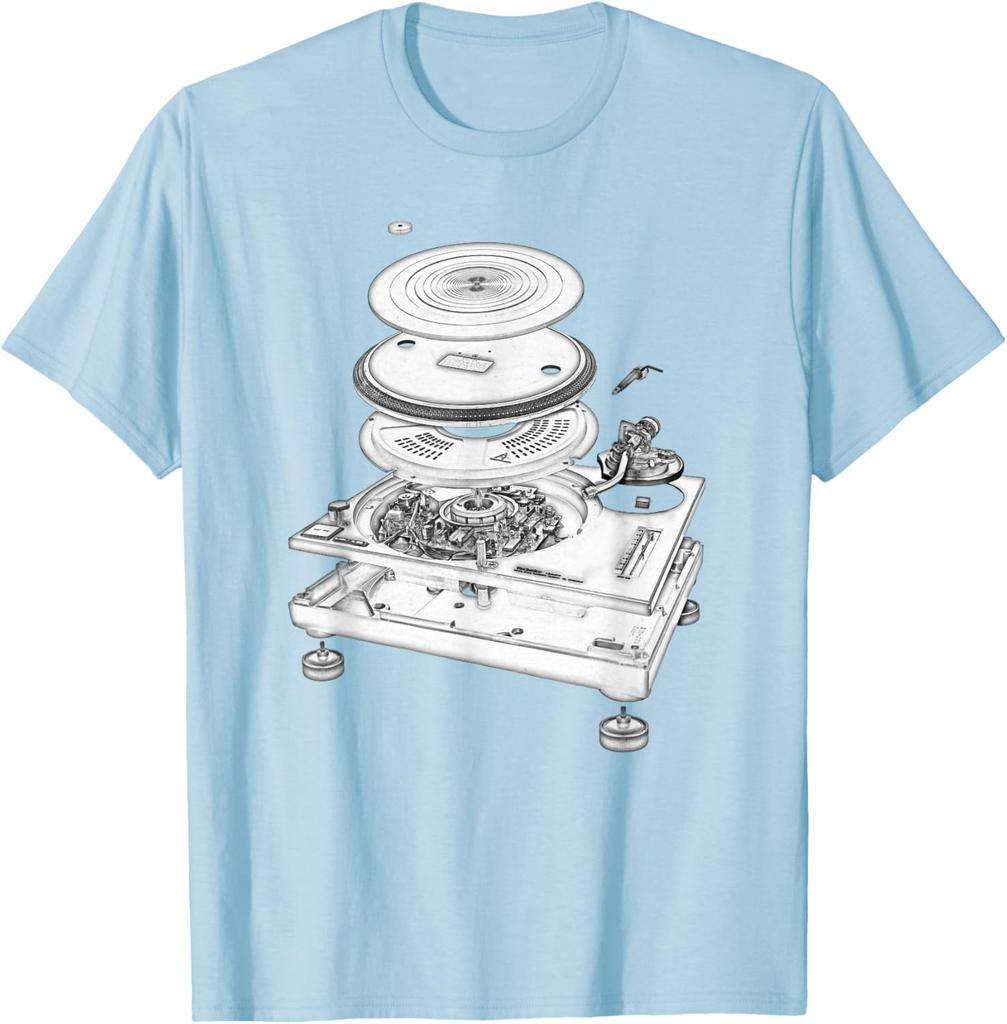 Turntable Exploded Blueprint DJ Graphic Tee Cotton Casual Short Sleeve TShirt