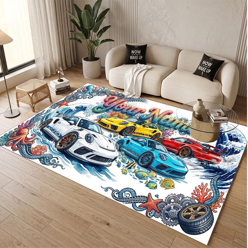 Car Racing Theme Soft Crystal Velvet Rug Custom Name & Text Print Non Slip Floor Rug for Bedroom Living Room
