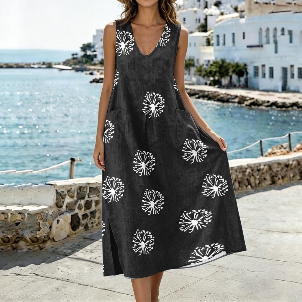 Women U Neck Sleeveless Pocket Split Hem Tank Dress Cotton Linen Casual Loose Fit Floral Print Midi Sundress