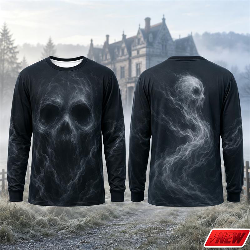 Novelty Long Sleeve T‑Shirt Men Gothic Flame Smoke Skull 3D Print Tee Fire Skeleton Graphic Casual Halloween Party Street Top